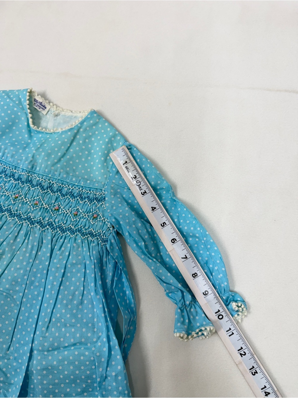 Polly Flinders Girls Vintage Hand Smocked Polka Dot Dress Blue Size 3 Picot Trim - Picture 8 of 9